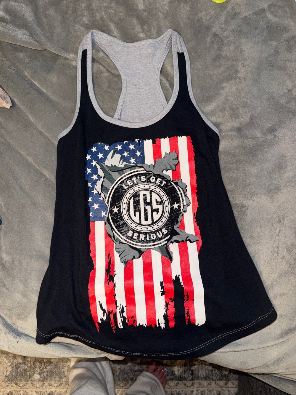 Black Racerback Tank Top with American Flag Graphic